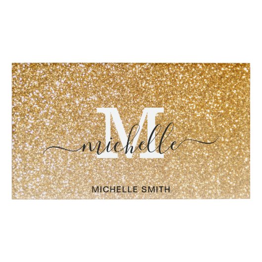 Monogram Glitzer Gold Elegante Feminine Namenschild (Vorderseite)
