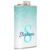 Monogram Glitzer Ombre Aqua Blue Girly Flachmann (Rechts)