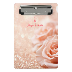 Monogram Glitzer Rose Gold Hintergrund und Rose Mini Klemmbrett