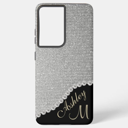 Monogram Glitzer Silver Glam Samsung Galaxy Case Hülle (Rückseite)