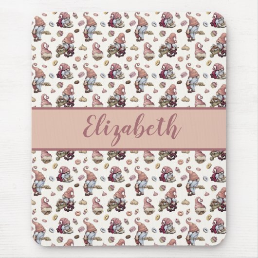Monogram Gnomes Baking Cupcakes Donuts Pink Script Mousepad (Vorne)