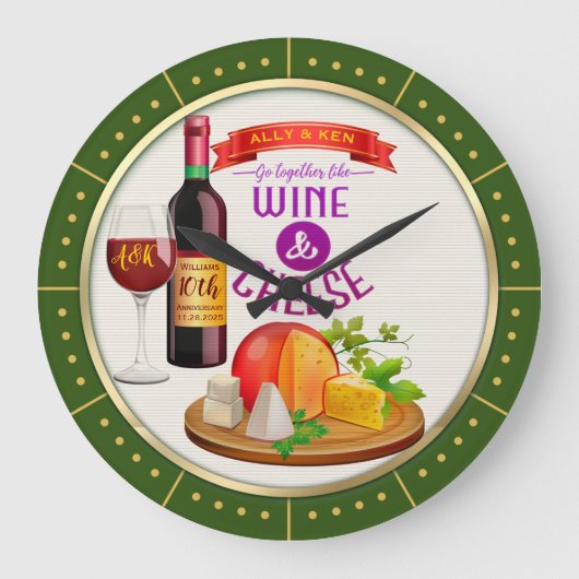 Monogram Go Together Like Wine Cheese Anniversary Große Wanduhr (Vorderseite)