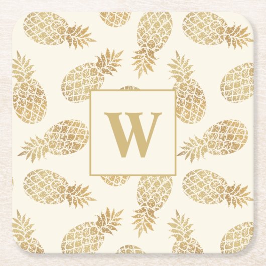 Monogram Gold Ananas auf Elfenbein Rechteckiger Pappuntersetzer (Vorderseite)