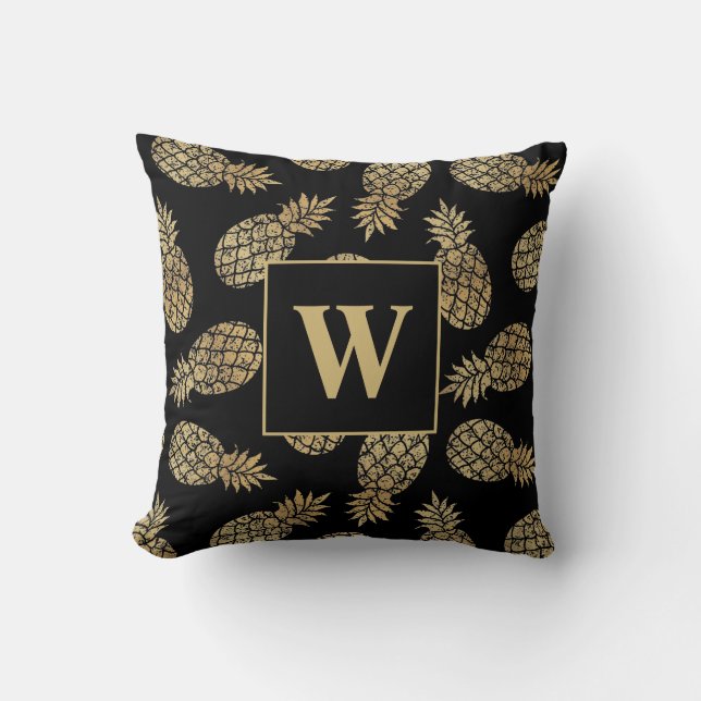 Monogram Gold Ananas auf schwarz Kissen (Vorderseite)