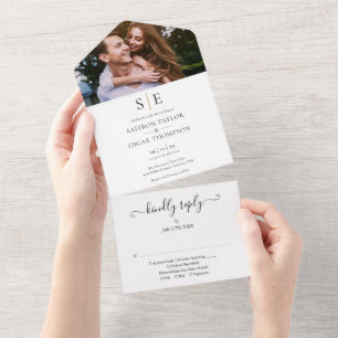 Monogram Gold and Black Foto Wedding All In One Einladung