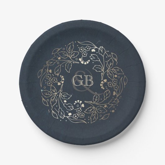 Monogram Gold and Navy Vintag Floral Wedding Pappteller (Vorderseite)