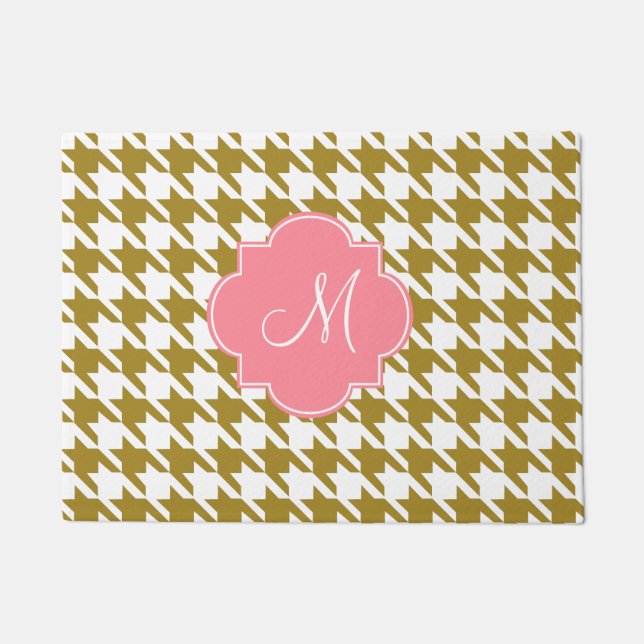 Monogram Gold and Pink Hahnentrittmuster Pattern Fußmatte (Vorderseite)