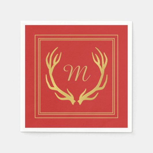 Monogram Gold Antlers Weihnachtsbuch Napkin | Rot Serviette (Vorderseite)