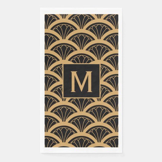 Monogram Gold Black Art Deco Lüfter Blume Muster Serviette (Vorderseite)
