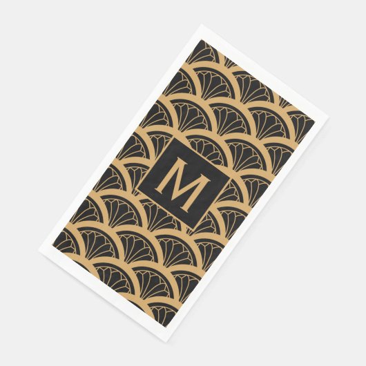 Monogram Gold Black Art Deco Lüfter Blume Muster Serviette (Ecke)