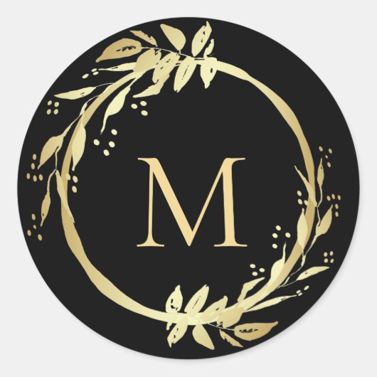 Monogram Gold Black Christmas Wreath Umschlag Aufk Runder Aufkleber (Vorderseite)