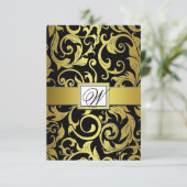 Monogram Gold & Black Damask RSVP Cards Karte (Stehend Vorderseite)