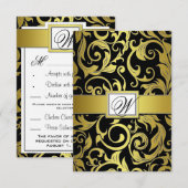 Monogram Gold & Black Damask RSVP Cards Karte (Vorne/Hinten)