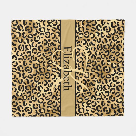 Monogram Gold Black Leopard Print Fleecedecke (Vorderseite (Horizontal))