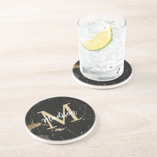 Monogram Gold Black Marble Getränkeuntersetzer (Seite)