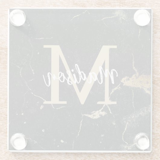 Monogram Gold Black Marble Glasuntersetzer (Rückseite)