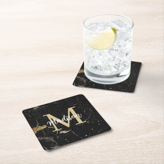 Monogram Gold Black Marble Rechteckiger Pappuntersetzer (Vor Ort)