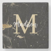 Monogram Gold Black Marble Steinuntersetzer (Vorderseite)