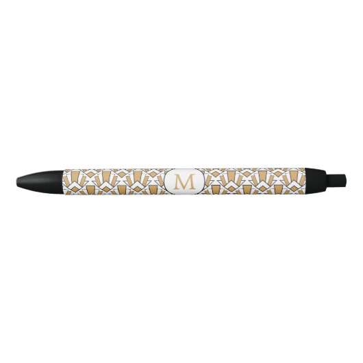 Monogram Gold, Black, White Art Deco Blume Kugelschreiber (Vorderseite)