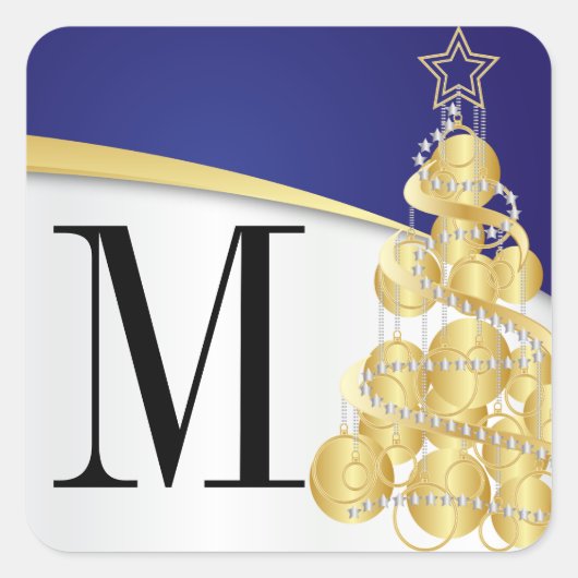 Monogram Gold & Blue Frohe Weihnachten Quadratischer Aufkleber (Vorderseite)