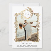 Monogram Gold Botanical Wreath Foto Frame Wedding Save The Date (Vorderseite)