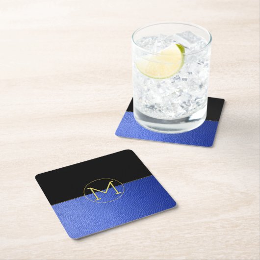 Monogram Gold Circle Blue Imitats Leather & Black Rechteckiger Pappuntersetzer (Vor Ort)
