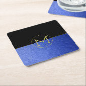 Monogram Gold Circle Blue Imitats Leather & Black Rechteckiger Pappuntersetzer (angewinkelt)