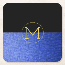Monogram Gold Circle Blue Imitats Leather & Black Rechteckiger Pappuntersetzer