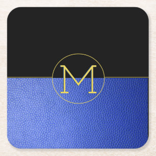 Monogram Gold Circle Blue Imitats Leather & Black Rechteckiger Pappuntersetzer