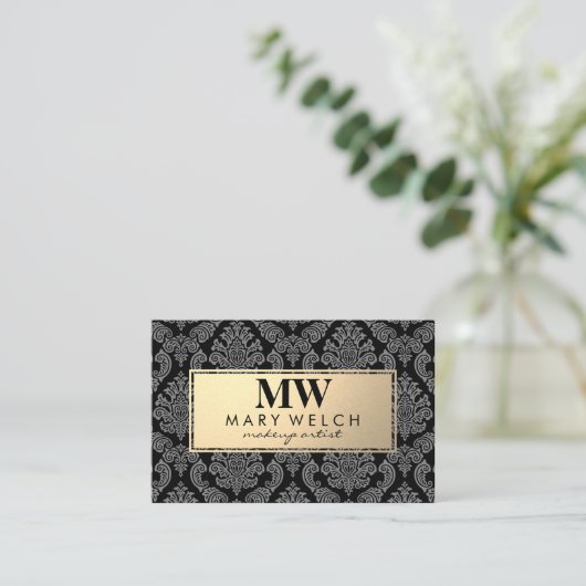 Monogram Gold Damask Muster Gold Frame Terminkarte (Stehend Vorderseite)