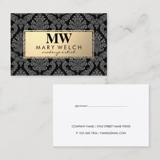 Monogram Gold Damask Muster Gold Frame Terminkarte (Vorne/Hinten)