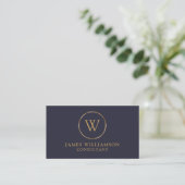 Monogram Gold Dark Navy Blue Visitenkarte (Stehend Vorderseite)