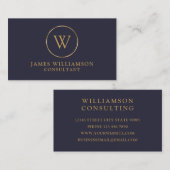 Monogram Gold Dark Navy Blue Visitenkarte (Vorne/Hinten)