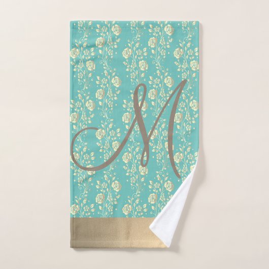 Monogram Gold Floral auf Aquamarin Green Badhandtuch Set (Handtuch)