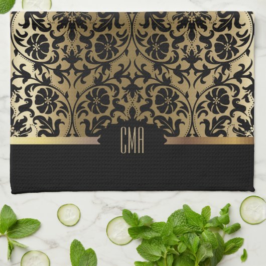 Monogram Gold & Floral Damask Muster Geschirrtuch (Gefaltet)
