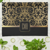 Monogram Gold & Floral Damask Muster Küchenzahn Geschirrtuch (Gefaltet)