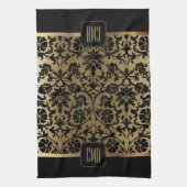 Monogram Gold & Floral Damask Muster Küchenzahn Geschirrtuch (Vertikal)