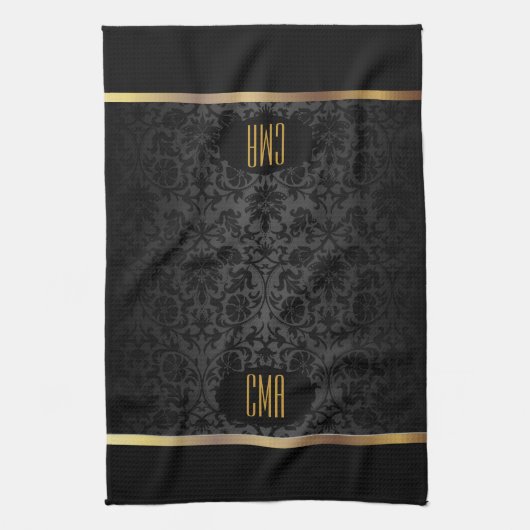 Monogram Gold & Floral Damask Pattern Geschirrtuch (Vertikal)