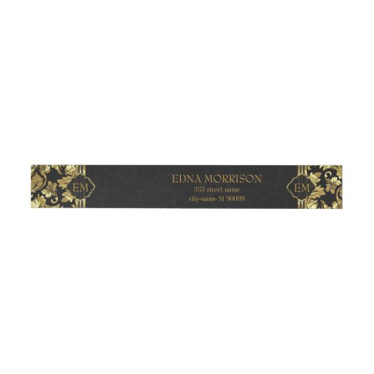 Monogram Gold Floral Damask Rundum-Adressaufkleber (Person)