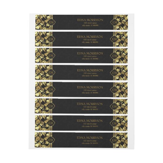 Monogram Gold Floral Damask Rundum-Adressaufkleber (Bogen)