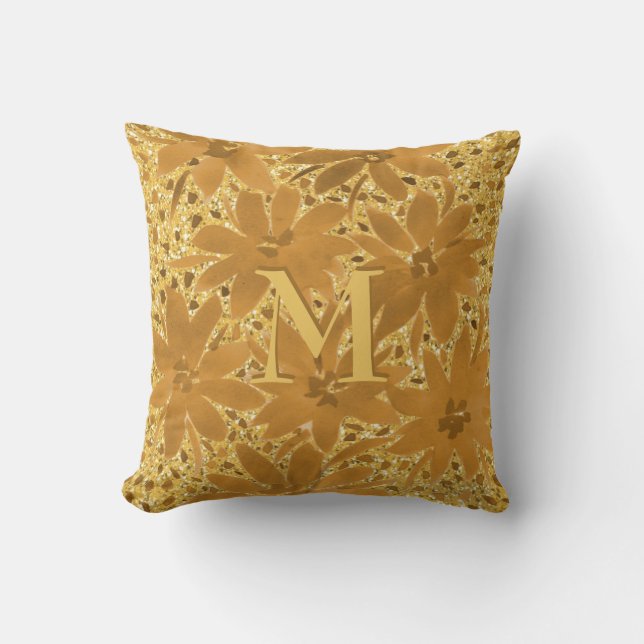 Monogram Gold Floral Glitzern Kissen (Vorderseite)