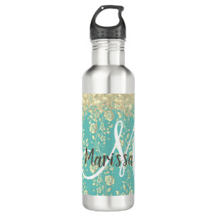 Monogram Gold Floral on Green Aquamarin Edelstahlflasche