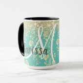 Monogram Gold Floral on Green Aquamarin Glitzer Tasse (Vorderseite Links)