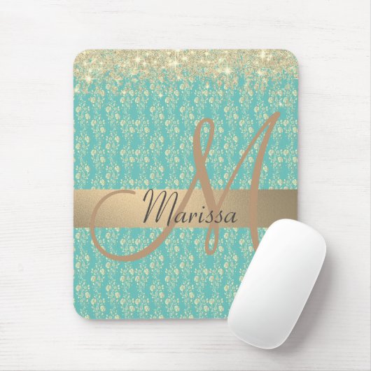 Monogram Gold Floral on Green Aquamarin Mousepad (Mit Mouse)