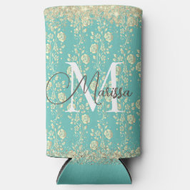 Monogram Gold Floral on Green Aquamarin Selters Dosenkühler