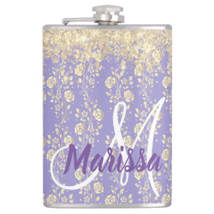 Monogram Gold Floral on Lavender Flachmann