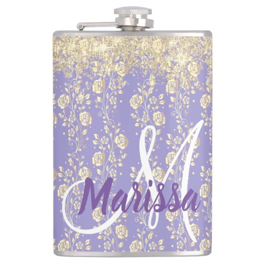 Monogram Gold Floral on Lavender Flachmann (Vorderseite)
