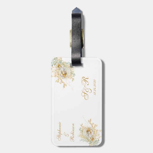 Monogram Gold Floral Wedding Gift Gepäckanhänger (Rückseite vertikal)