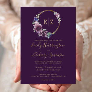 Monogram Gold Floral Wreath Lila Wedding Einladung