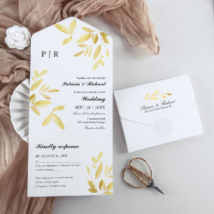 Monogram Gold Foil Blätter Elegante Hochzeit All In One Einladung